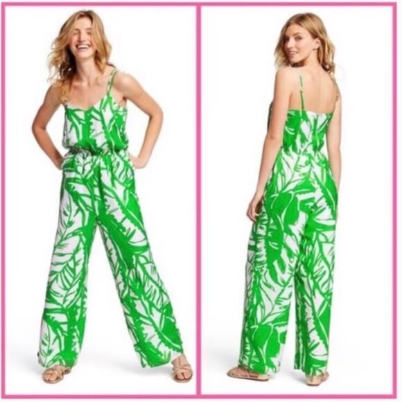 LILLY PULITZER Palm Boom Boom Jumpsuit green white palm leaf high waist small - Picture 1 of 10